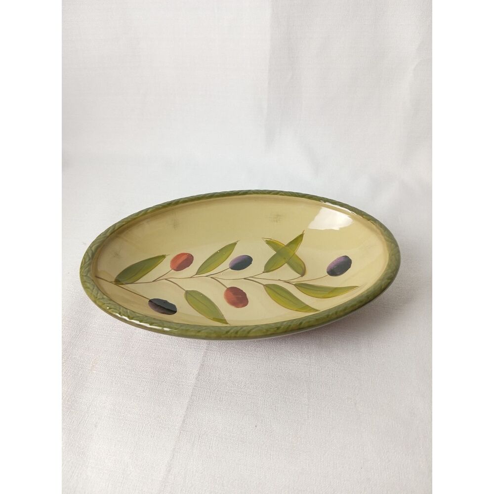 Clay Art Olive Branch Oval Serving Platter Dish 8" Green Hand Painted